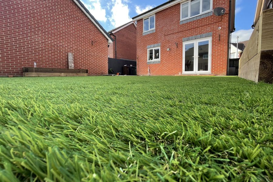 Close view of a thick green lawn running up to a brick house.